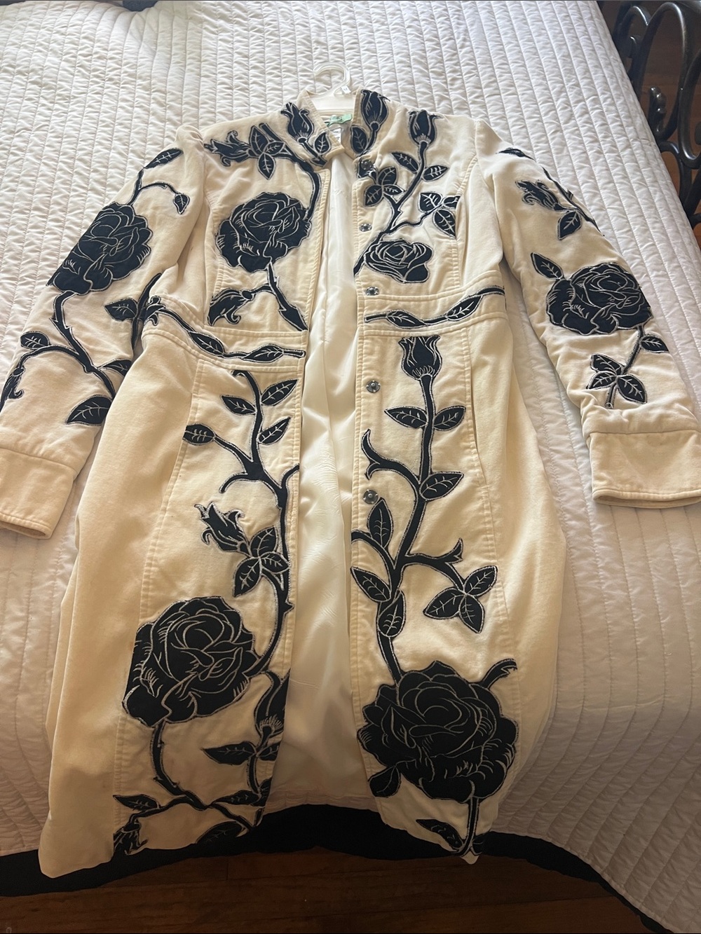 Vintage 90’s Newport News velvet Cream Trench Coat with Black Floral Appliqué